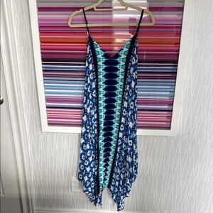 Blue Multi-Pattern Asymmetrical Spaghetti Strap Dress